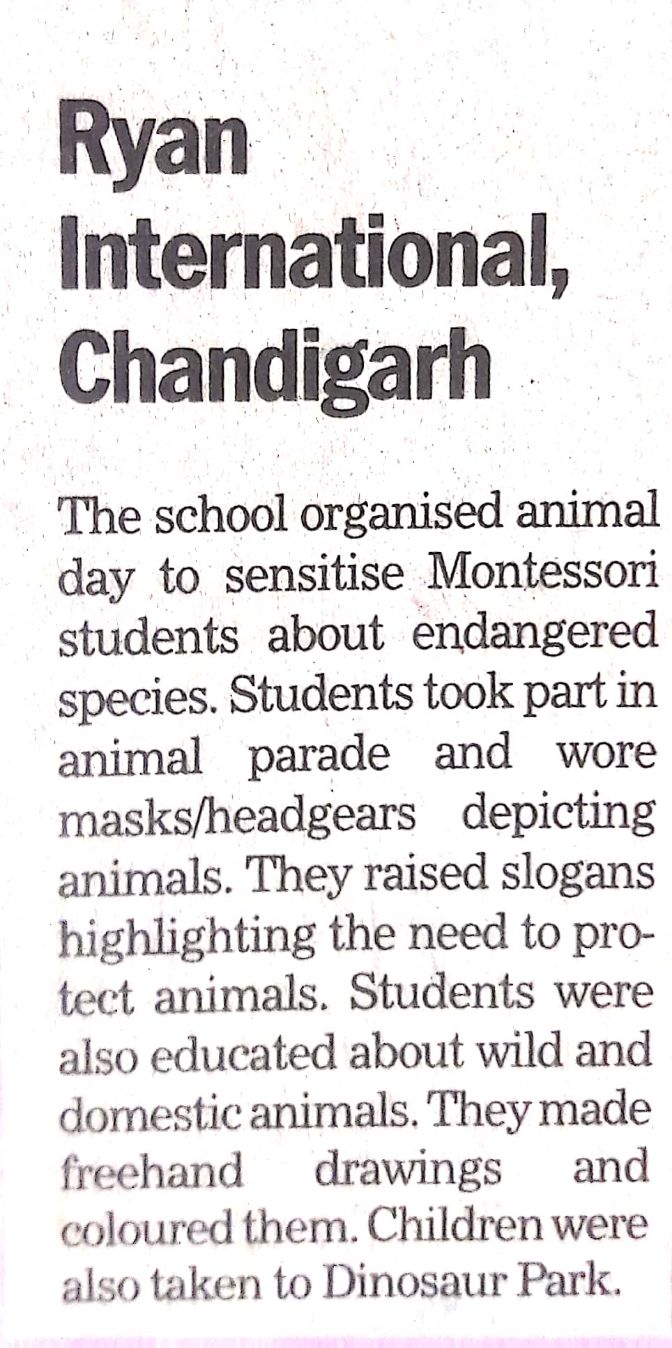 Animal Day Celebration was featured in The Tribune - Ryan International School, Chandigarh